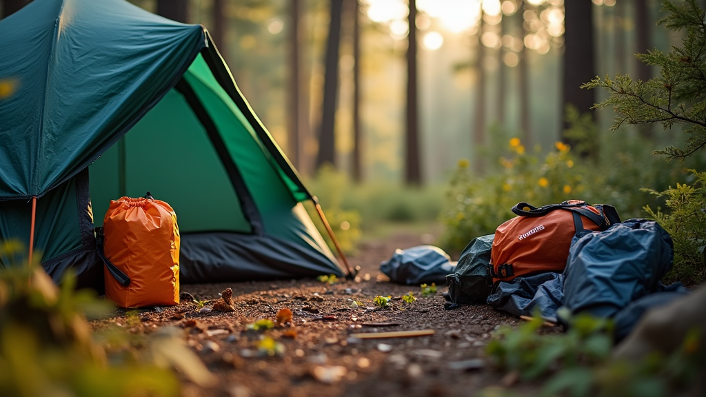 Collage of camping gear items on a wooden surface