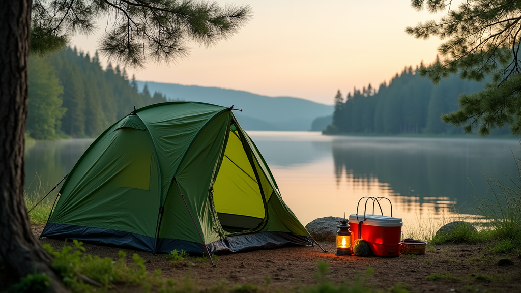 A classic green Coleman tent set up by a lake, surrounded by nature and camping supplies