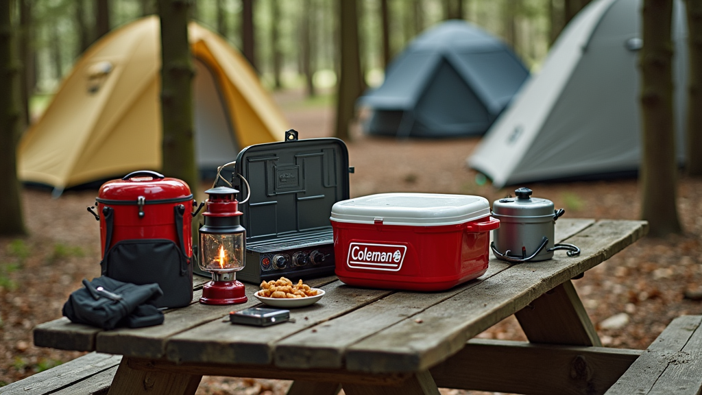 A spread of Coleman gear including a stove, lantern, and cooler arranged on a campsite picnic table in the woods