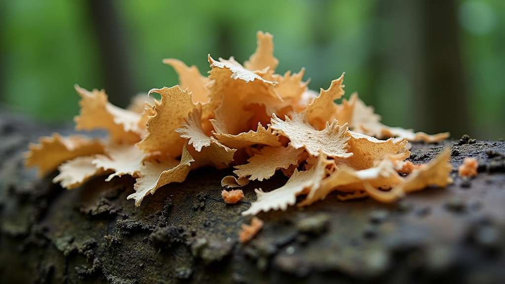 Close-up of fluffed birch bark tinder and split wood shavings on a damp log in a green forest.