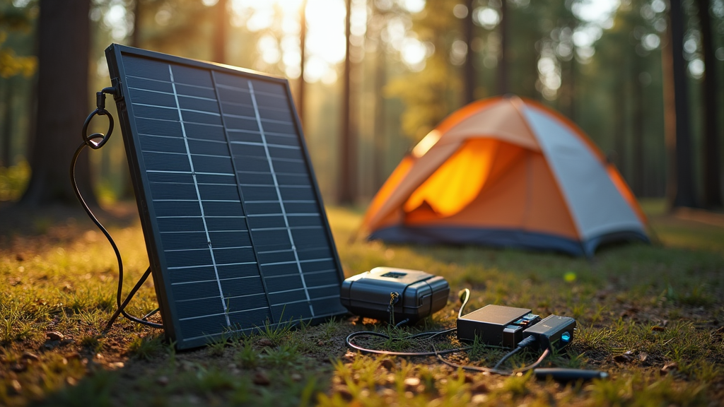 Portable solar panel setup among camping gear in a forest clearing