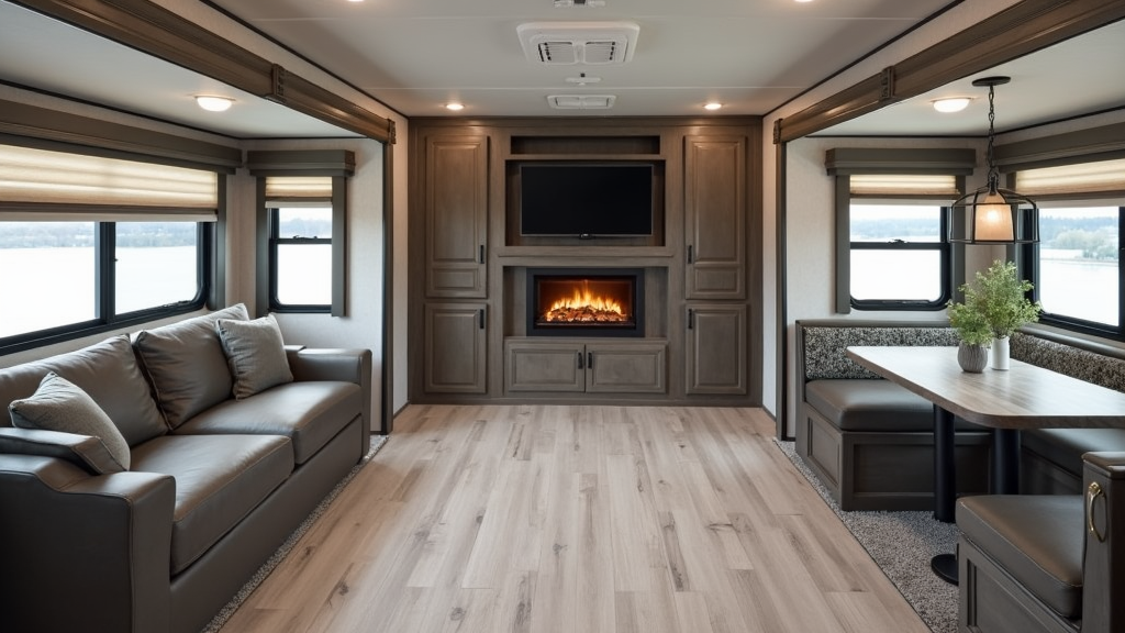 Solitude 310GK interior living area with cozy fireplace and kitchen island