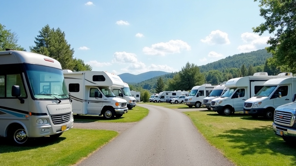 Motorhomes parked at a scenic RV park, with a mix of classic and modern models under blue skies