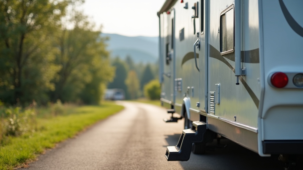 A close-up of a sway bar attached to a travel trailer on a paved road in a scenic campground setting
