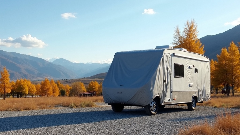 RV parked on a gravel lot with a protective cover, surrounded by trees and mountains